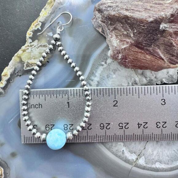 Native American Sterling Silver Navajo Beads w/Larimar Hoop Earrings For Women - Picture 9 of 10